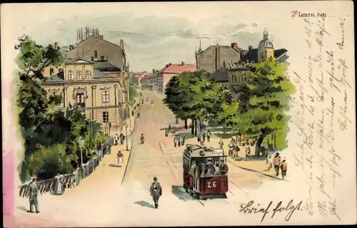 Litho Plauen im Vogtland, Straßenpartie mit Straßenbahn 26