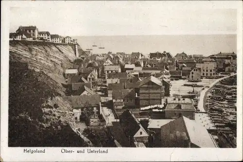 Ak Helgoland, Ober- und Unterland, Wohnhäuser und Boote am Strand