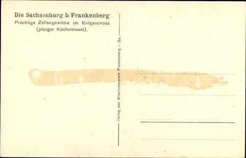 Künstler Ak Frankenberg in Sachsen, Schloss Sachsenburg, Zellengewölbe, Küchenraum