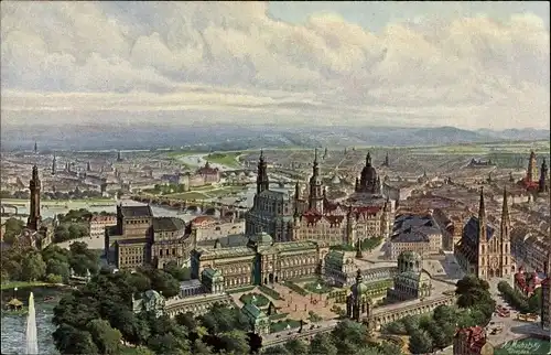 Künstler Ak Michalsky, Dresden Zentrum Altstadt, Zeppelinansicht vom Zwinger, Opernhaus, Schloss