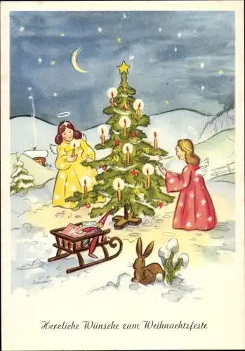 Ak Glückwunsch Weihnachten, Engel am Tannenbaum, Schlitten mit Gaben
