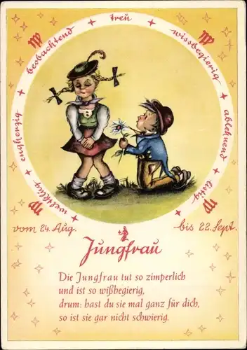 Künstler Ak Sternzeichen Jungfrau, 24. August bis 22. September, Gedicht