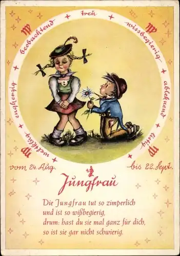 Künstler Ak Sternzeichen Jungfrau, 24. August bis 22. September, Gedicht