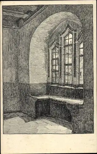 Künstler Ak Frankenberg in Sachsen, Schloss Sachsenburg, Fenster mit Sitzbank