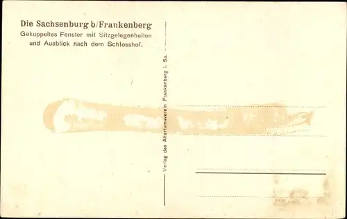 Künstler Ak Frankenberg in Sachsen, Schloss Sachsenburg, Fenster mit Sitzbank