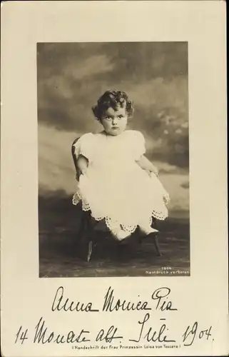 Ak Prinzessin Anna Monica Pia von Sachsen, Kinderportrait, 14 Monate alt, Juli 1904