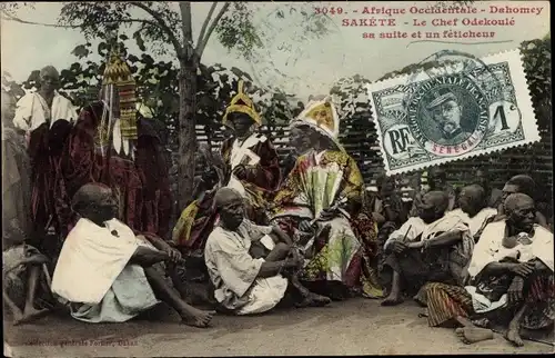 Ak Sakete Dahomey Benin, Französisch-Westafrika, Küchenchef Odekoule sein Gefolge und ein Feticheur