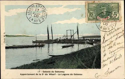 Ak Cotonou Benin Dahomey, Anlegestelle der Cie du Wharf, La Lagune