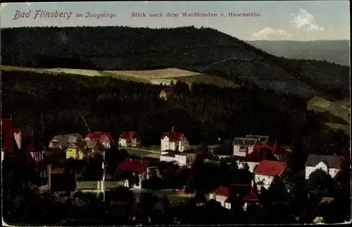 Ak Świeradów Zdrój Bad Flinsberg Schlesien, Blick nach dem Waldfrieden und Hasenstein