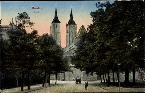 Ak Wrocław Breslau Schlesien, Straßenpartie mit Blick auf den Dom