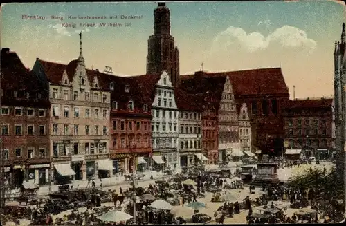 Ak Wrocław Breslau Schlesien, Ring, Kurfürstenseite mit Denkmal König Friedr. Wilhelm III.