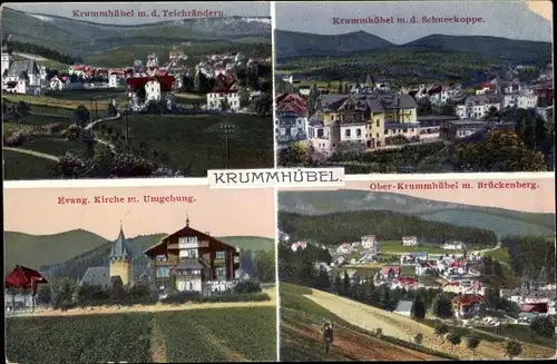 Ak Karpacz Krummhübel im Riesengebirge Schlesien, Teichränder, Schneekoppe, Brückenberg, Kirche