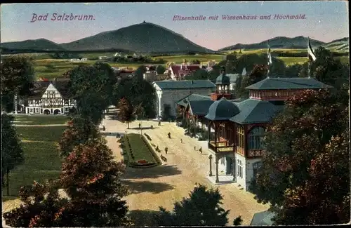 Ak Szczawno Zdrój Bad Salzbrunn Schlesien, Elisenhalle mit Wiesenhaus, Hochwald