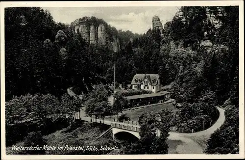 Ak Porschdorf Bad Schandau an der Elbe, Waltersdorfer Mühle, Felsformationen