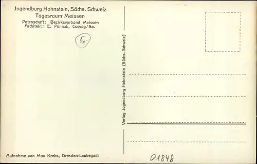 Ak Hohnstein Sächs. Schweiz, In der Jugendburg, Tagesraum Meissen, Tisch