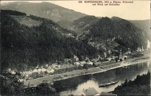 Ak Schmilka Bad Schandau Sächsische Schweiz, Blick zum Ort, Großer Winterberg