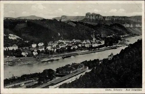 Ak Bad Schandau Sächsische Schweiz, Ort mit Bahnhof und Schrammsteinen