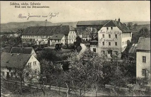 Ak Schöna Sächsische Schweiz, Ortsansicht, Blick nach den Schrammsteinen, Gasthof zum Erbgericht