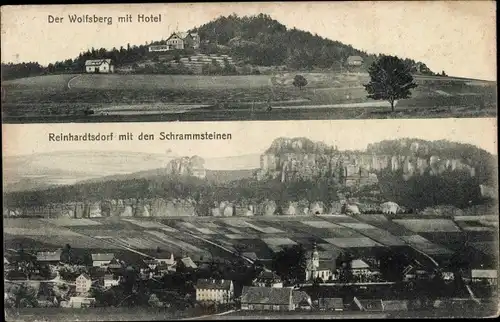 Ak Reinhardtsdorf Schöna Sächsische Schweiz, Ortsansicht mit Schrammsteinen, Wolfsberg mit Hotel