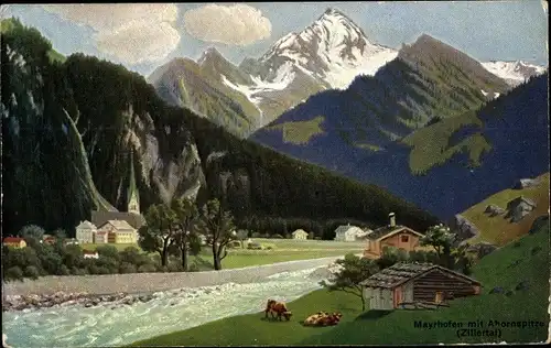 Ak Mayrhofen im Zillertal Tirol, Ortsansicht mit Ahornspitze, Partie am Fluss, Kühe