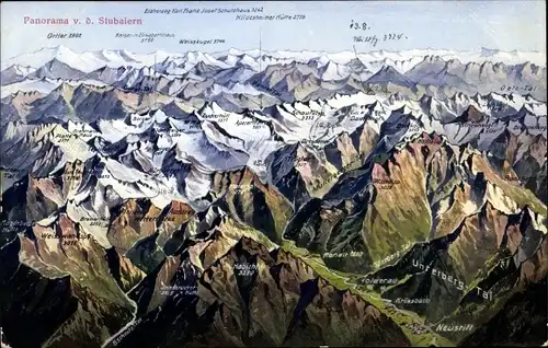 Ak Neustift im Stubaital in Tirol, Panorama v. d. Stubaiern, Unterberg-Tal, Hildesheimer Hütte