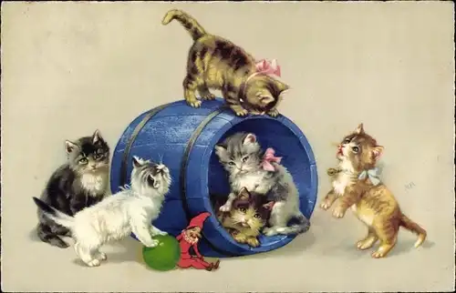Litho Junge Katzen mit Halsschleifen, blaues Fass, Kasperpuppe, Meissner & Buch 2996