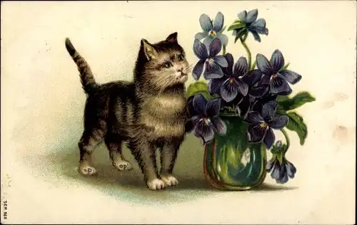 Präge Litho Katze, Blumenvase mit Veilchen