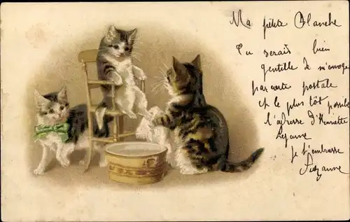 Litho Drei Katzen, Stuhl, Waschschüssel
