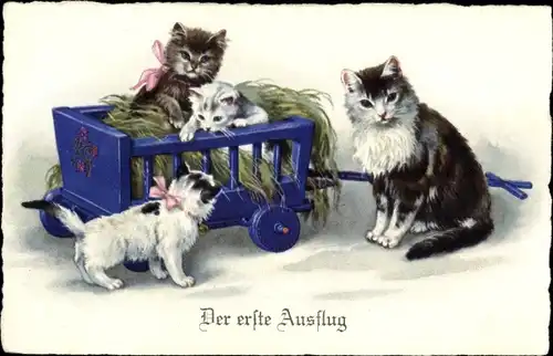 Litho Der erste Ausflug, Katzenmutter mit drei jungen Katzen, Handwagen