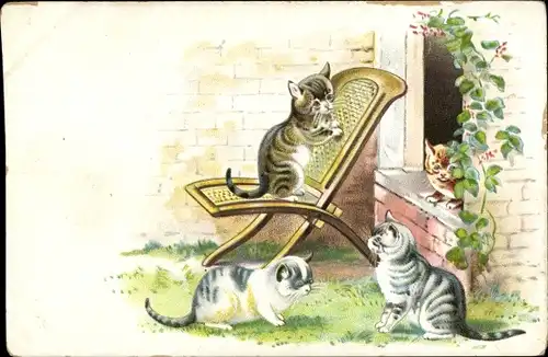 Litho Vier junge Katzen, Klappstuhl, Garten