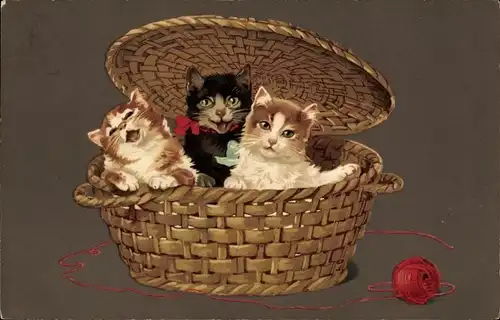 Litho Drei junge Katzen in einem Korb, Wollknäuel