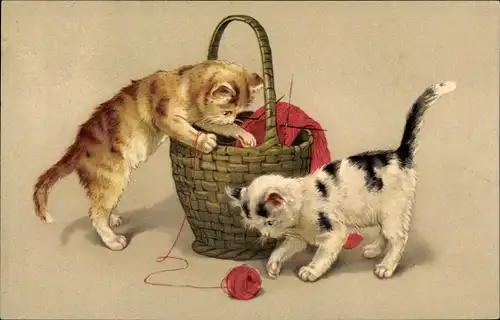 Künstler Ak Zwei junge Katzen spielen mit einem Wollknäuel
