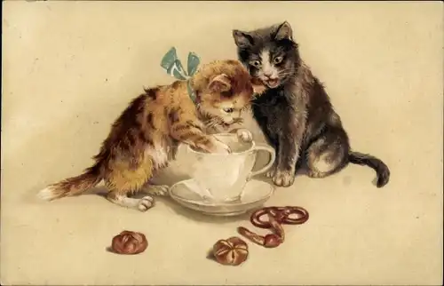 Ak Zwei junge Katzen mit Kaffeetasse und Frühstücksgebäck