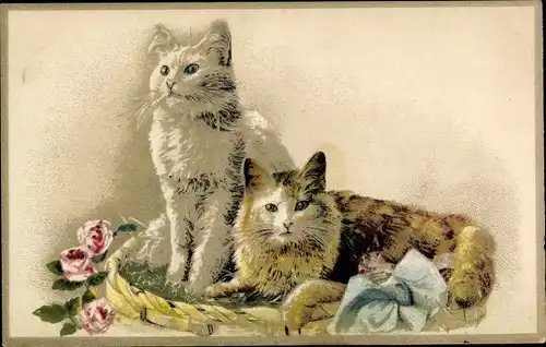Ak Zwei Katzen, Korb, Rosen
