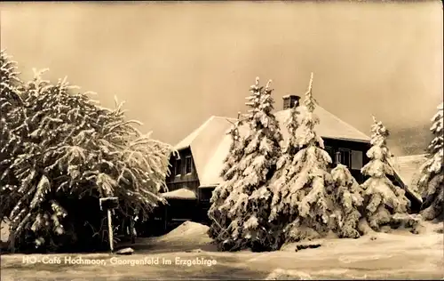 Ak Zinnwald Georgenfeld Altenberg im Erzgebirge, HO-Cafe Hochmoor, Winter