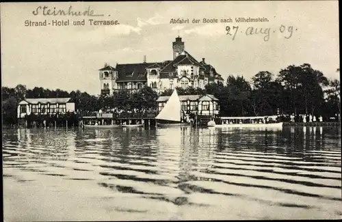 Ak Steinhude Wunstorf in Niedersachsen, Strand, Hotel und Terrasse, Abfahrt der Boote