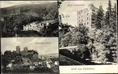 Ak Kastellaun im Rhein Hunsrück Kreis, Ruine Schloss Waldeck, Ruine Balduinseck