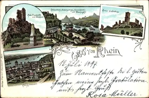 Litho Königswinter am Rhein, Drachenfels, Ruine Godesberg, Rolandseck
