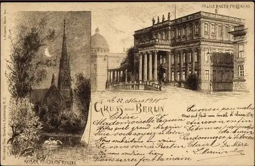 Litho Berlin, Kaiser Friedrich Gedächtniskirche im Mondlicht, Palais Kaiser Friedrichs