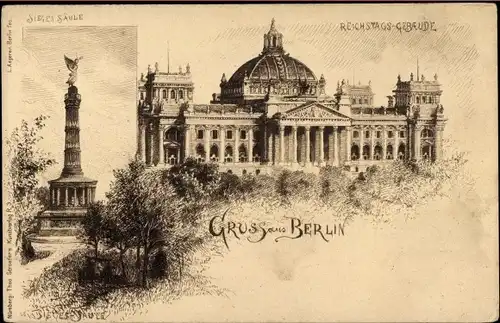 Künstler Litho Berlin Tiergarten, Reichstagsgebäude, Siegessäule