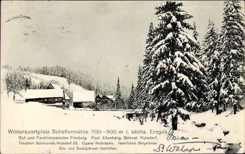 Ak Kipsdorf Altenberg im Erzgebirge, Wintersportplatz Schellermühle, Familienpension Fiechsig