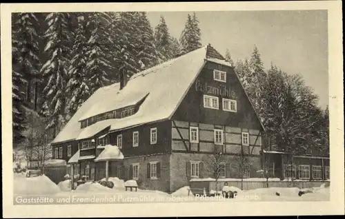 Ak Oberpöbel Dippoldiswalde im Osterzgebirge, Gaststätte Putzmühle, Inh. Karl Thömel, Winter