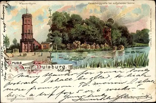 Sonnenschein Litho Duisburg im Ruhrgebiet, Wasserturm, Kaiserberggrotte