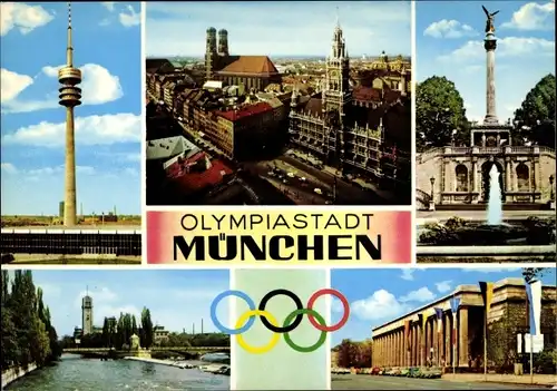Ak München, Olympia-Turm, Frauenkirche, Rathaus, Friedensengel, Deutsches Museum, Haus der Kunst