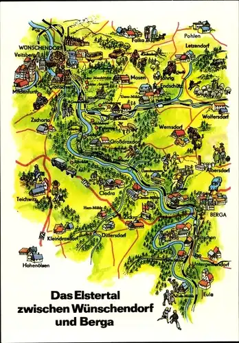 Landkarten Ak Wünschendorf an der Elster, Elstertal bis Berga