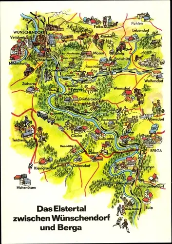Landkarten Ak Wünschendorf an der Elster, Elstertal bis Berga