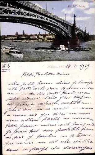 Ak Mainz am Rhein, Rheinbrücke, Schiffe