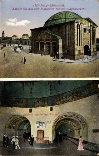 Ak Hamburg Mitte St. Pauli, Elbtunnel, Kuppel mit vier Einfahrten, Blick in die beiden Tunnel