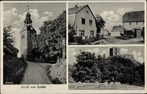 Ak Sylda Arnstein im Südharz, Kirche, Dorfstraße, Ruine Burg Arnstein