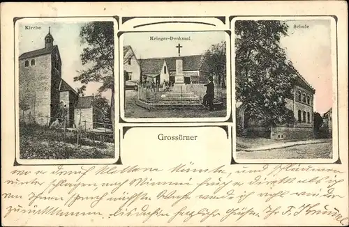 Ak Großörner Mansfeld im Harzvorland, Kirche, Kriegerdenkmal, Schule